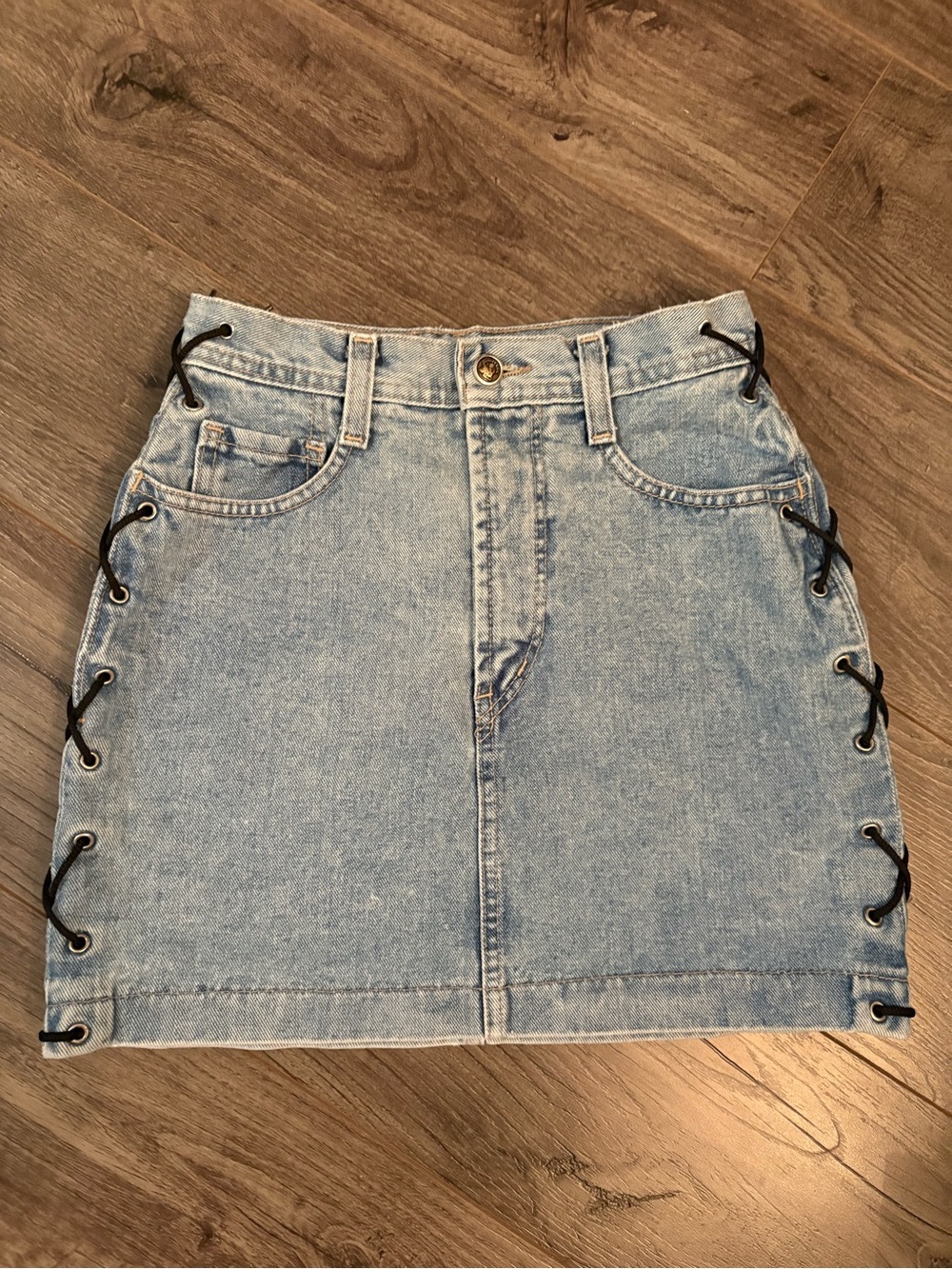 Vintage Parasuco Santana Denim mini skirt tie lace up sides 100% Cotton